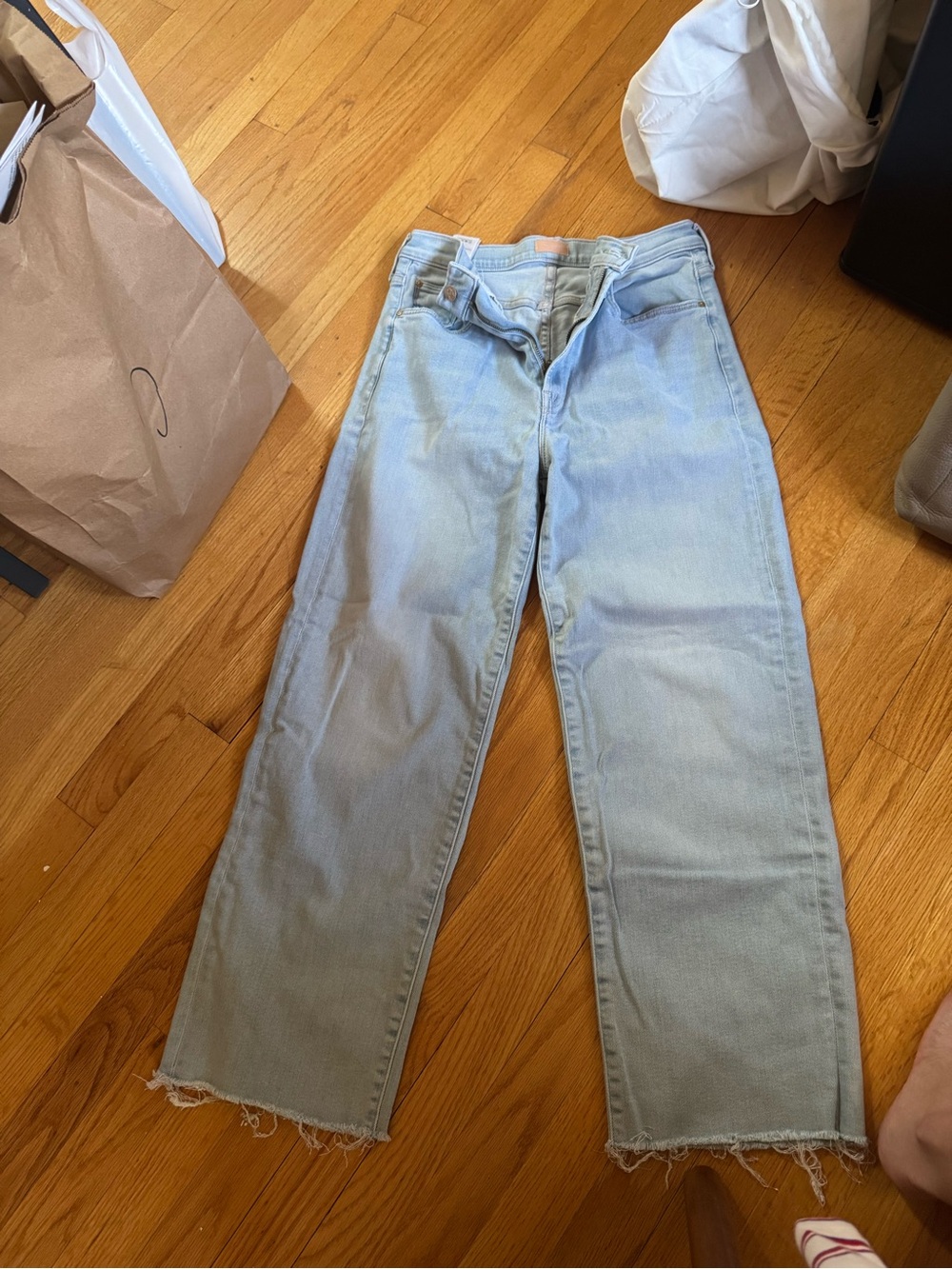 MOTHER The Rambler Ankle Fray jeans in Chill Pill (Light Blue)